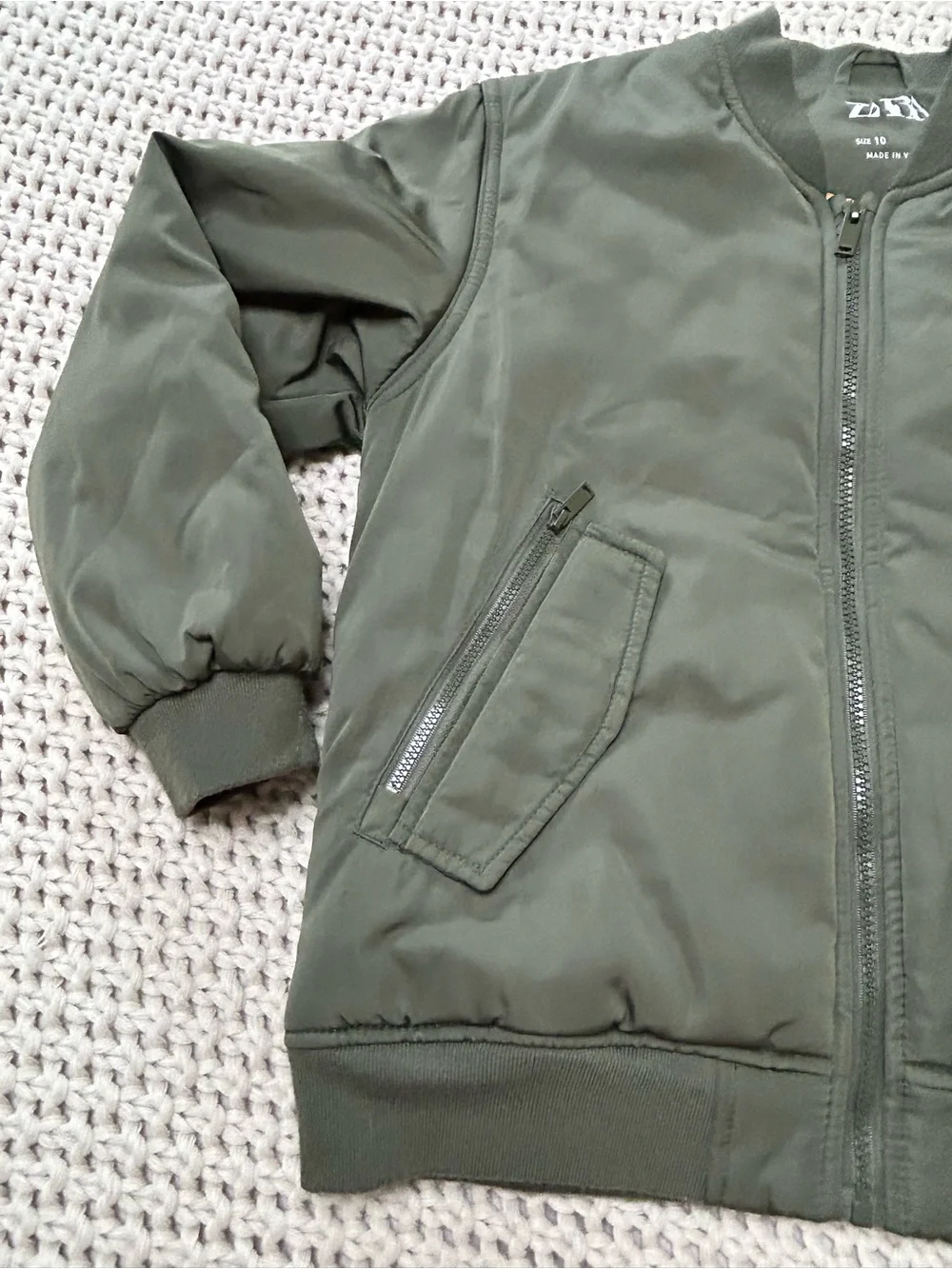Kid’s Zara Olive Bomber Jacket with Bright Orange Lining Size 10
